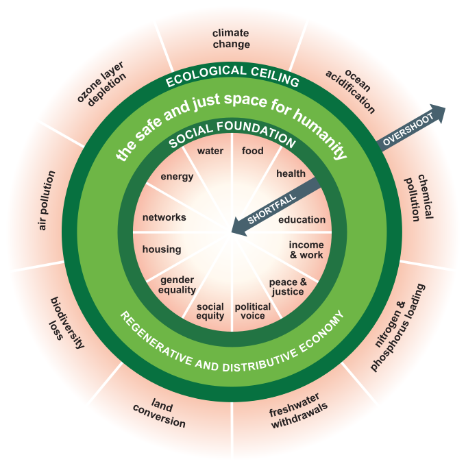 Kate Raworth’s visual of Doughnut Economics — an image of a green doughnut where the inner circle is the social foundation indicator domains and the outer circle indicates the ecological ceiling indicator domains. The centre of the doughnut indicates the safe and just space for humanity.