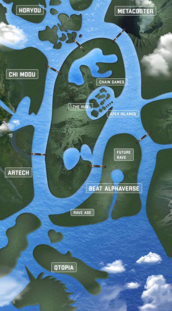Map where we can see all the Alphaverse’s different universes: The Hub, Artech, Beat Alphaverse, Chi Modu, Qtopia, Horyou, Chain Games, Apex Islands and MetaCoster