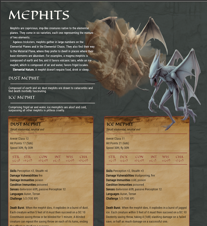 A rulebook page describing a creature, mephits