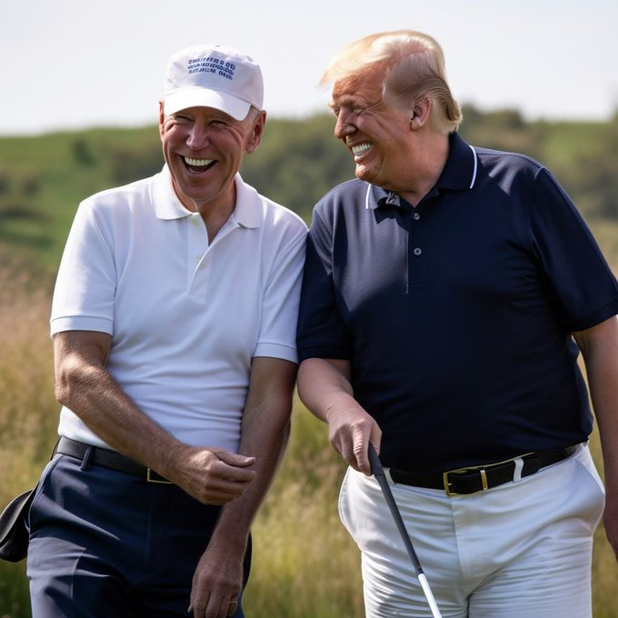MidJourney example: “Joe Biden and Donald Trump laughing and playing golf together, mid day, natural direct sunlight, photography, eye level shot.”