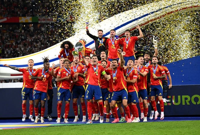 photo of Spain players celebrating winning Euro 2024