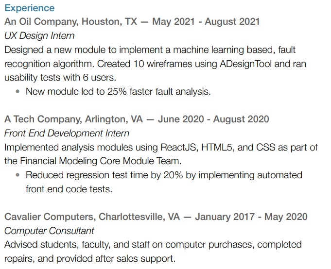 Example of 3 sections of work details including company name, location, dates with months and years, position, and responsibilities and achievements.