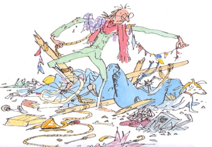 Mrs.Armitage and her broken bike after the crash. Illustration the copyright of Quentin Blake.