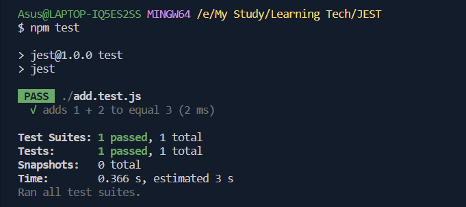 test result with jest add function
