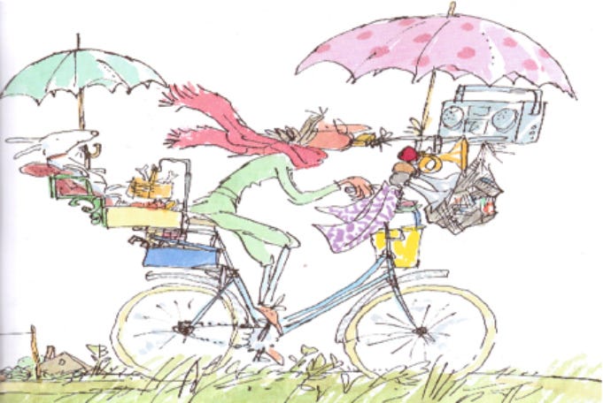 Mrs. Armitage’s bike with modifications. Illustration the copyright of Quentin Blake