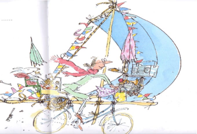 Mrs.Armitage’s bike with even more modifications. Illustration the copyright of Quentin Blake.