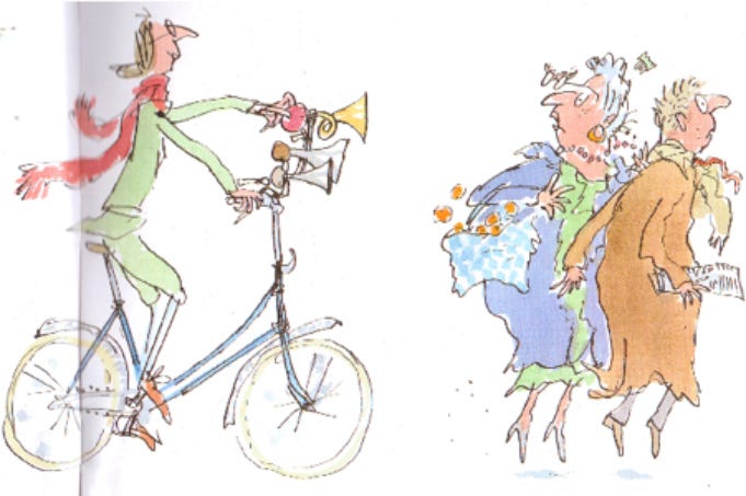 Mrs. Armitage on her bike using her new horns. Illustrations the copyright of Quentin Blake