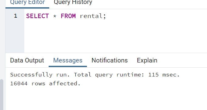 Messages output in pgAdmin for our general query