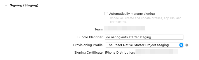 A screenshot from Xcode that shows the signing for a development environment