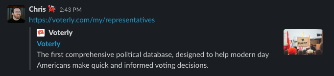 Screenshot of a Slack Message that contains a basic link preview for Voterly. No dynamic content is found.