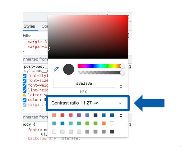 Image of the contrast ratio tool that shows where to insert hex codes.