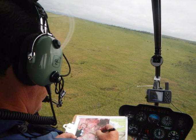 a man in a helicopter flies over wetland taking notes