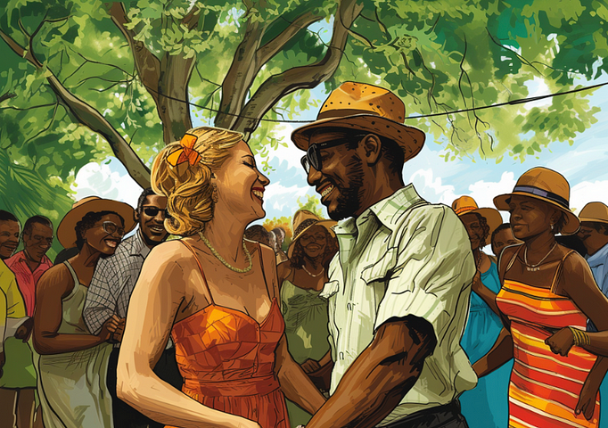 A Black man in a light green shirt dancing with a blonde woman in a park. They are surrounded by other Black people who are celebrating Juneteenth.