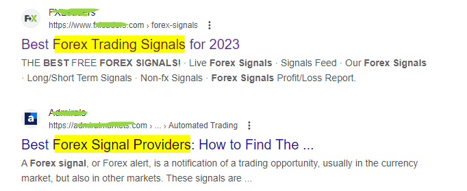 Search results on Google about signals providers