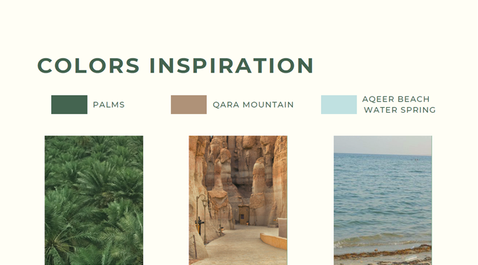 we got color inspiration as next :palms=green , sea=blue , mountains =brown