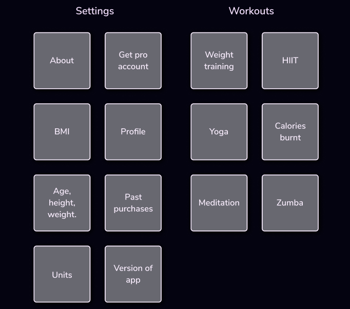 Cards under settings and workout