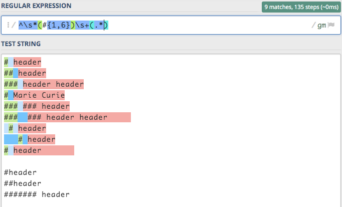 Same example with ^\s*(#{1,6})\s+(.*) in the search bar. All valid inputs now have from header text to the end grouped