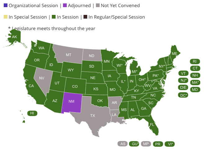 Map of the United States marked in green, pink, or grey, indicating when state legislatures are in session.