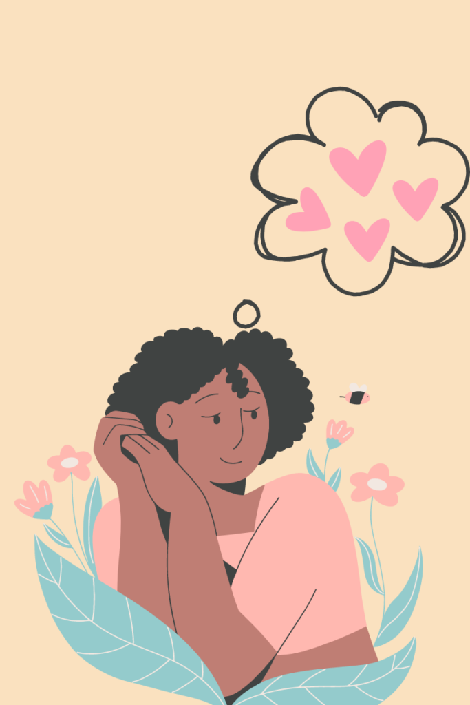 A black woman dreaming and desiring to start her self-love journey.