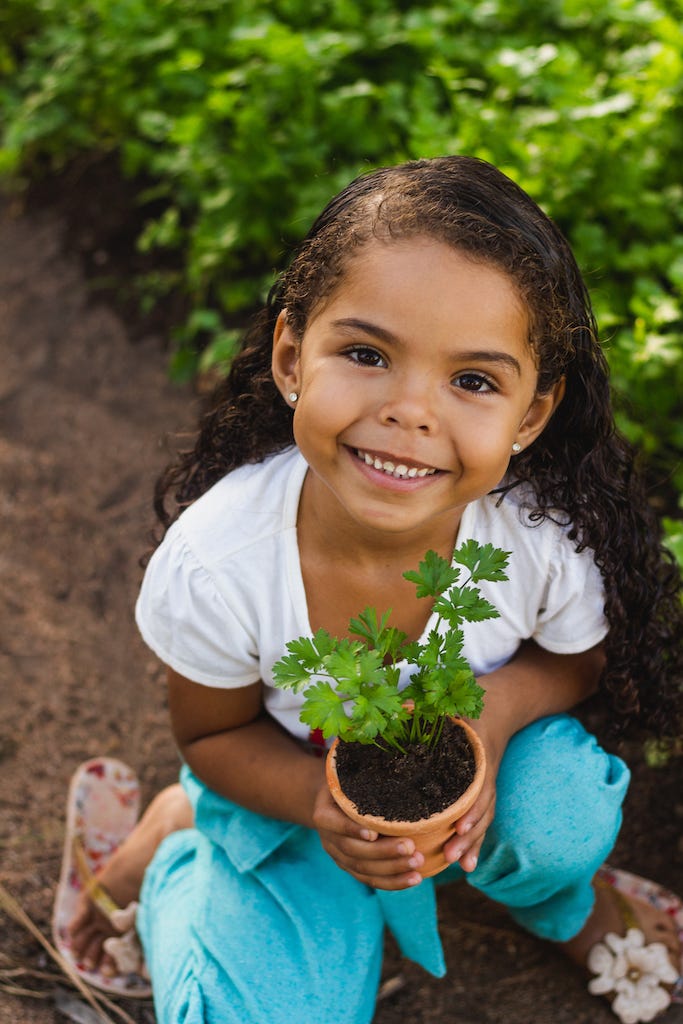 A young Honduran girl holds a flower pot with a bright green plant growing in it. She is smiling and wearing a white t-shirt.