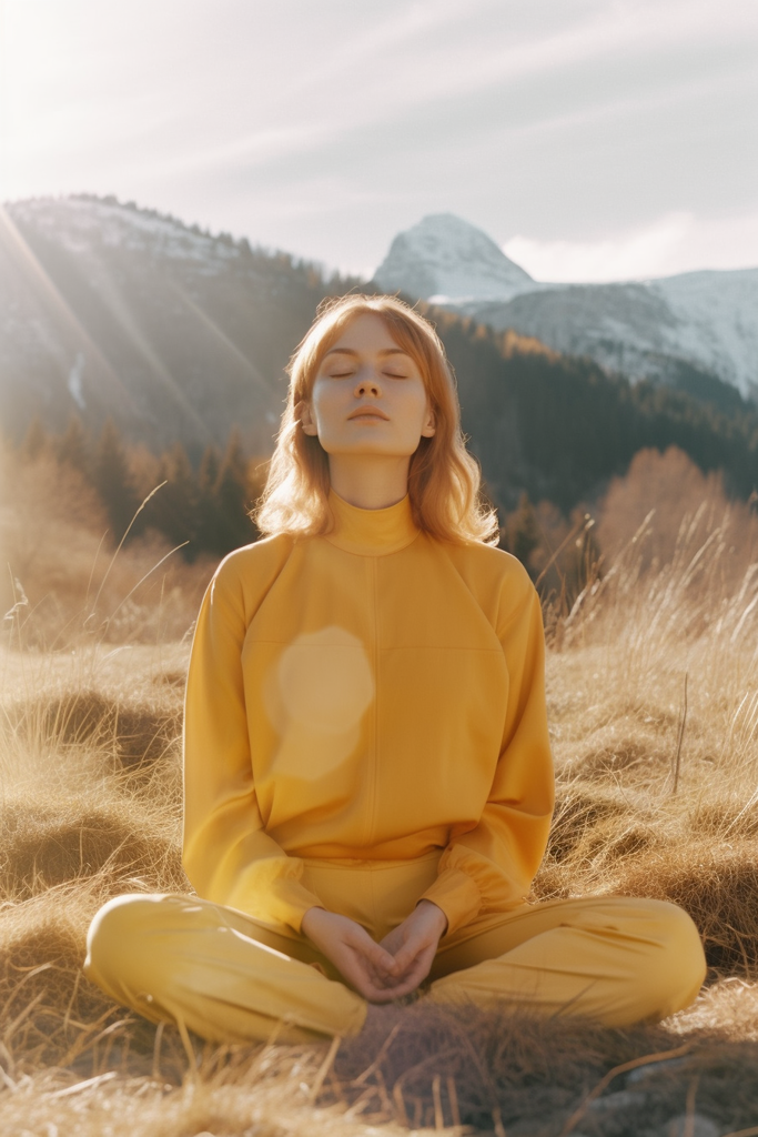 A young woman wearing a yellow tracksuit sits with her eyes closed in a field of tall grass.