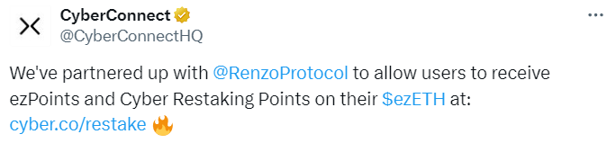 We’ve partnered up with @RenzoProtocol to allow users to receive ezPoints and Cyber Restaking Points on their $ezETH at: https://cyber.co/restake