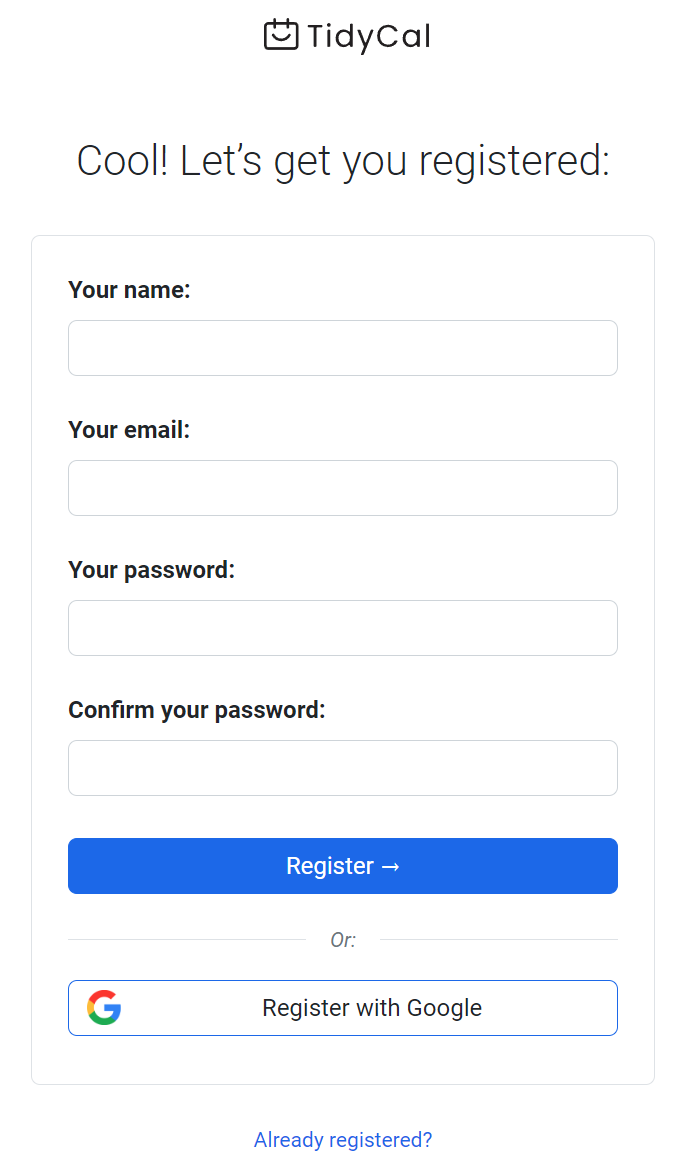 Screenshot of the TidyCal registration form.