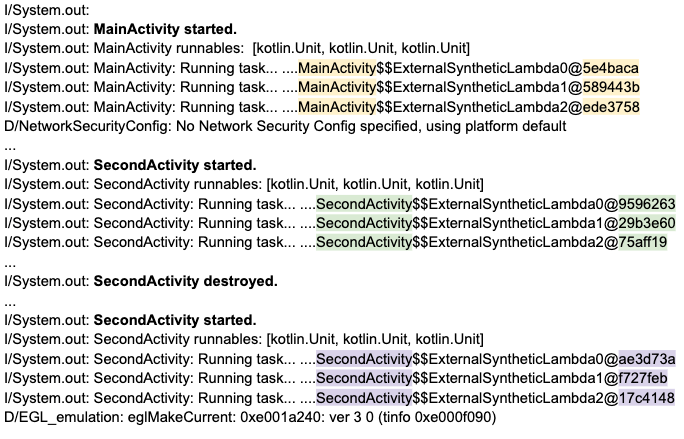 Screenshot showing logging where tasks from MainActivity, SecondActivity, and SecondActivity. All tasks have been disposed of after running each, so we see three tasks retained in queue and run