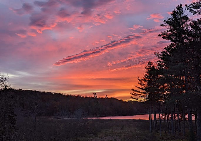 Pink and orange predawn colors fill the sky above a pond and surrounding hills.
