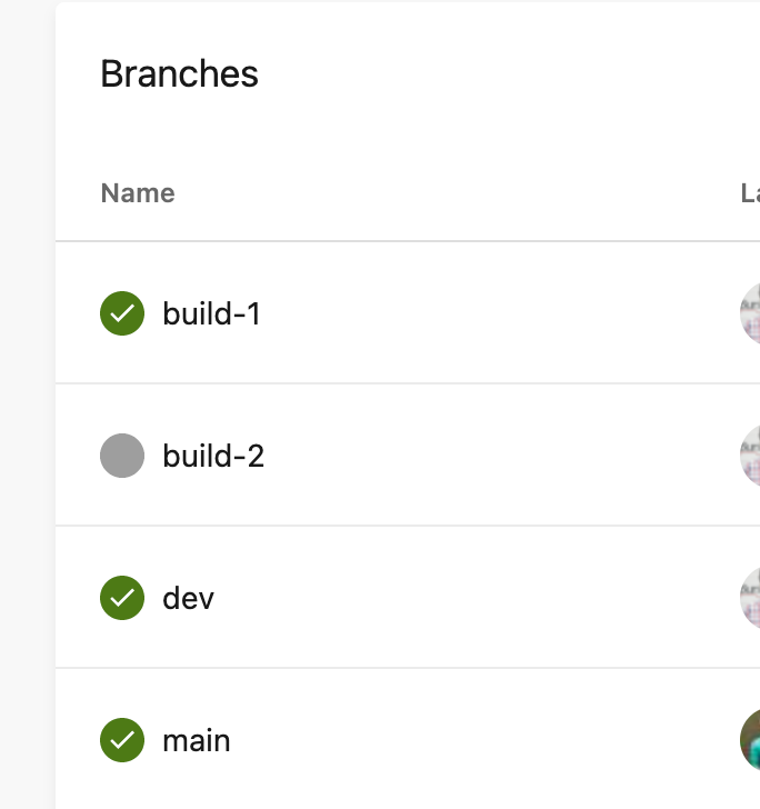 This image shows branch name and build status. The green check mark is also shown besides the branch name which is the status for successfully ran build from respective branch
