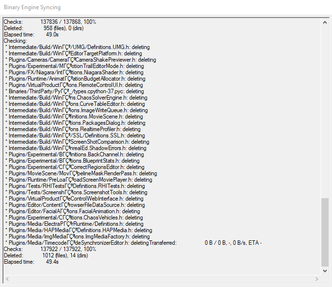 Window showing a list of deleted files and some transfer statistics