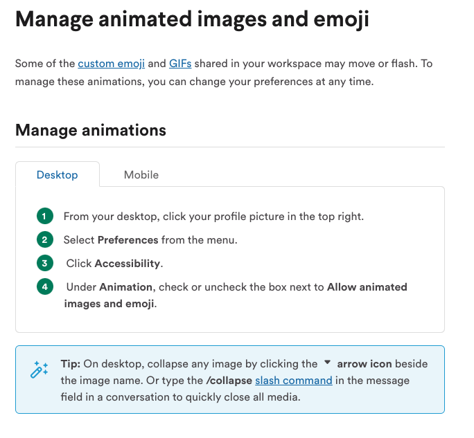 Manage animations screenshot from Slack