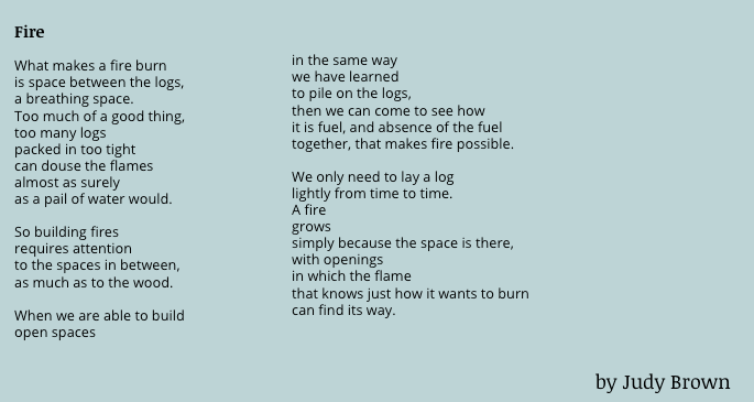 poem about fire by Judy Brown, two columns of text.