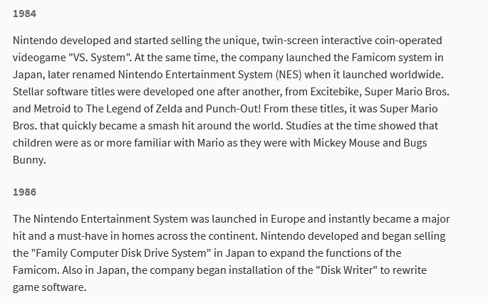 A screenshot of a snippet from Nintendo’s hardware history page, particularly displaying the 1984 and 1986 sections to demonstrate the information missing from them.