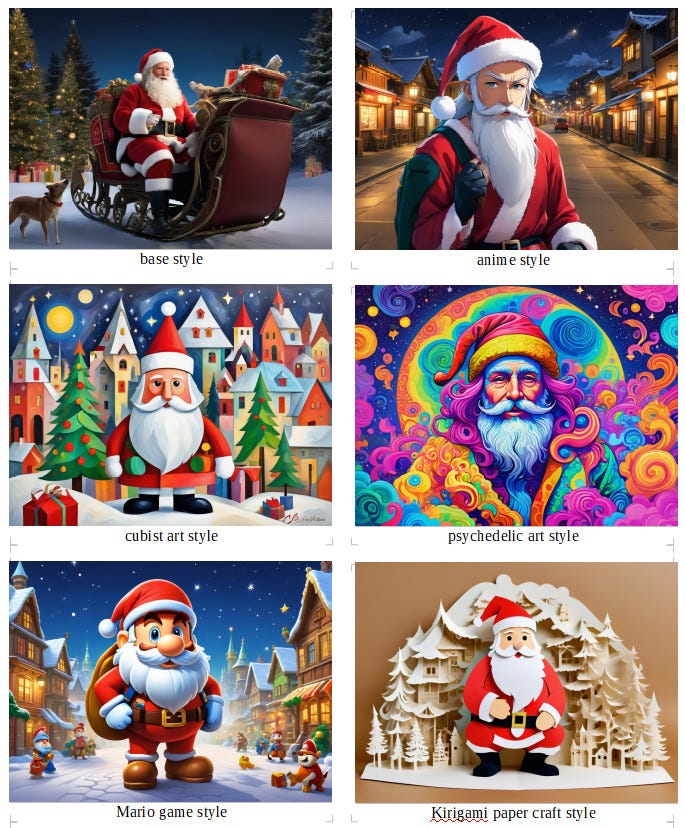 Sample generated pictures using the prompt “Santa is coming to town” with different styles