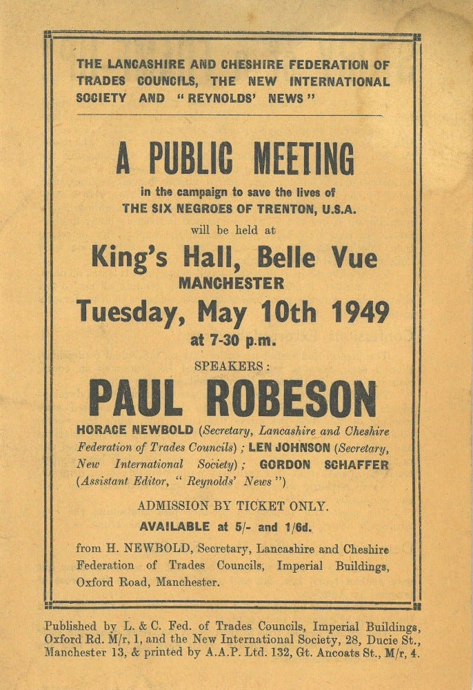 Text heavy poster for a meeting addressed by Paul Robeson at King’s Hall, Belle Vue, Manchester on 10 May 1949. The poster is a drab shade of yellow.