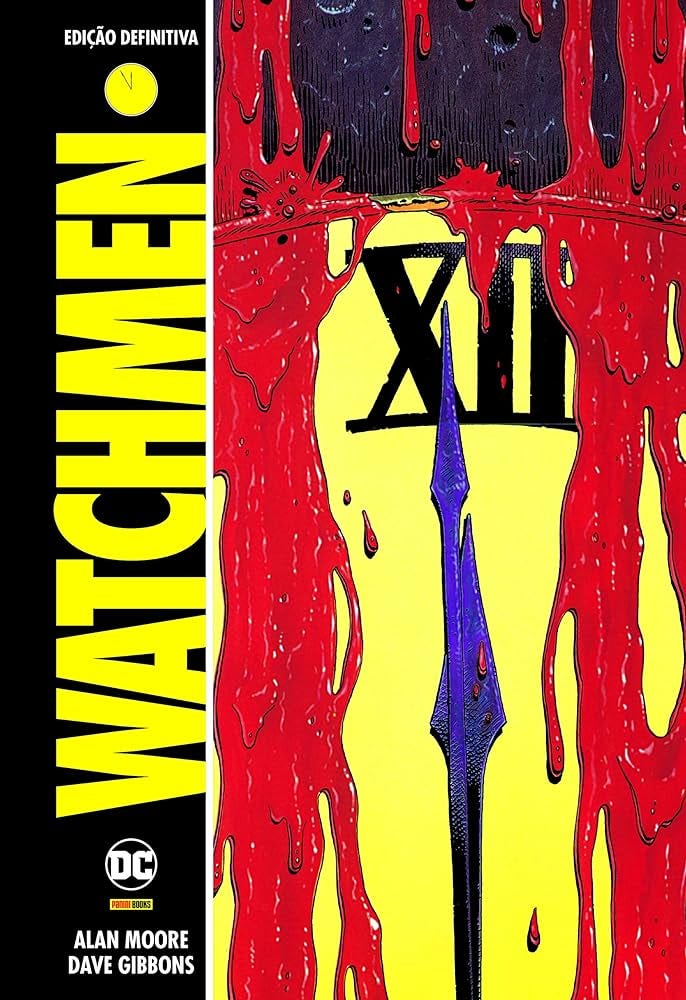 Capa do quadrinho Watchmen. A ilustração é de um relógio, batendo meia-noite, ensanguentado. Á esquerda, está escrito o título, Watchmen.