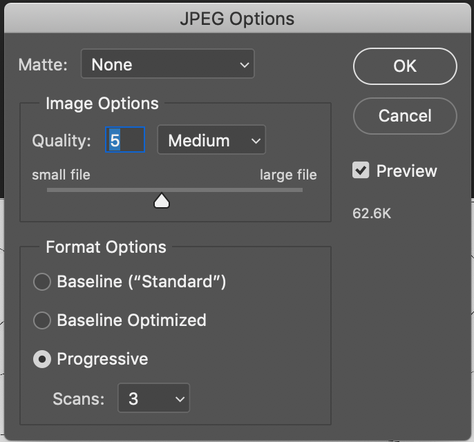 JPEG options to change image quality as well as file size