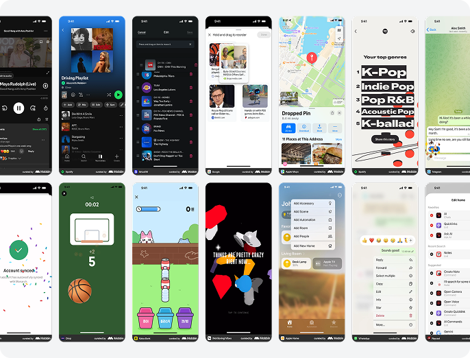 Haptic feedback examples across mobile apps grouped by interaction types like tap, swipe, and drag