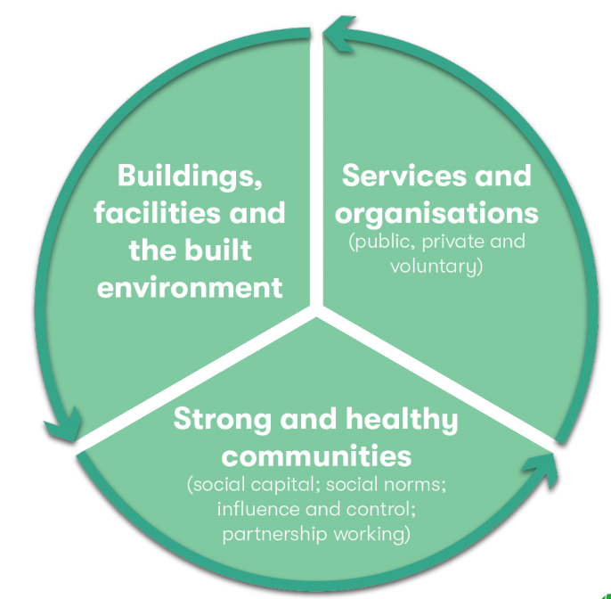 A green and white pie chart breaking down social infrastructure into buildings, services and strong and healthy communities