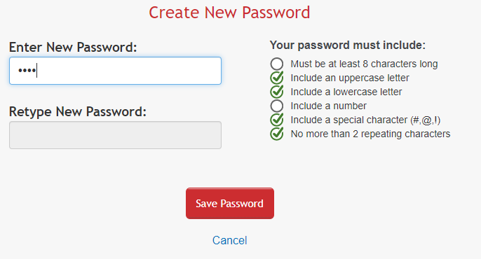 “Create new password” screenshot with checkmarks next to each password requirement as it is met.