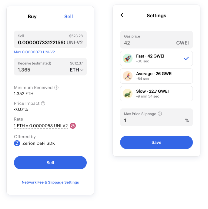 Buy and sell Liquidity Pool shares on Zerion