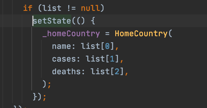 In this code sample, the code for setState is protected by a null check: `if (list != null)`