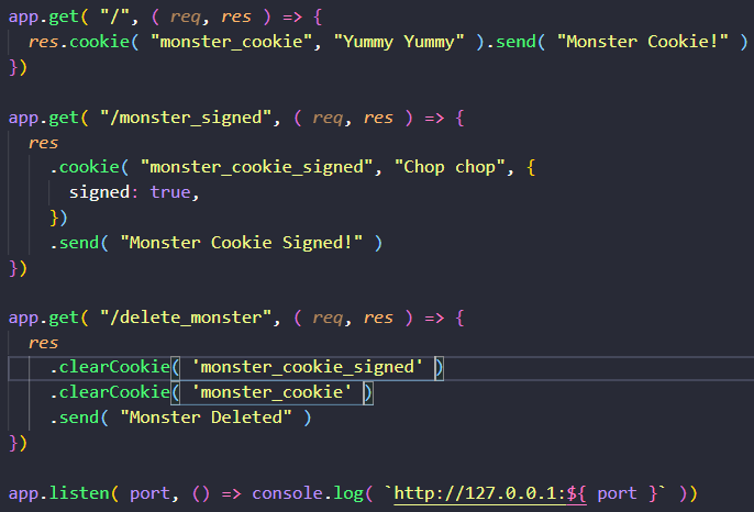 Example creating cookies and send them to the client