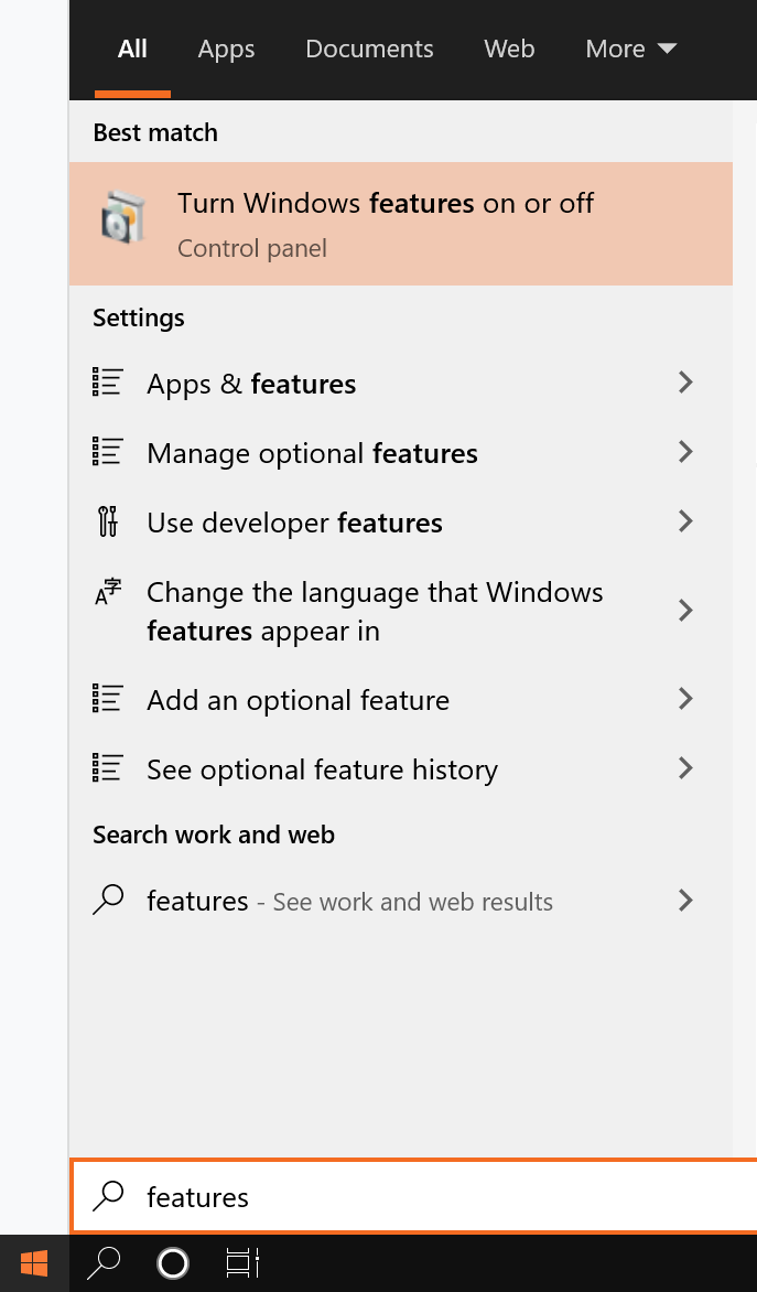 Choose “Turn Windows features on or off”