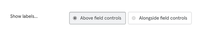A screenshot of the Aiir CMS, reading ‘Show Labels’ and radio buttons of ‘Above field controls’ and ‘alongside field controls’