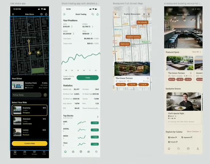 Designs generated by AI such as driving app, fincial apps, restaurant app