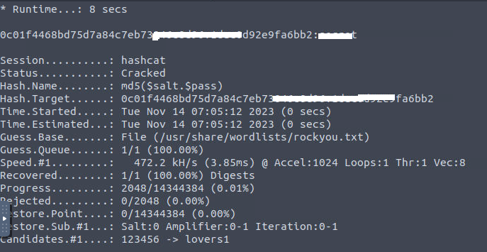 A screenshot displaying the hashcat results and the cracked password.