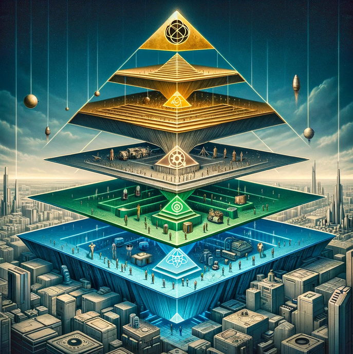 Here is the image of an upside-down pyramid visualizing a five-tier technocratic society. The pyramid is divided into five horizontal layers, each with its own color and symbol representing different social strata, set against a futuristic cityscape background.