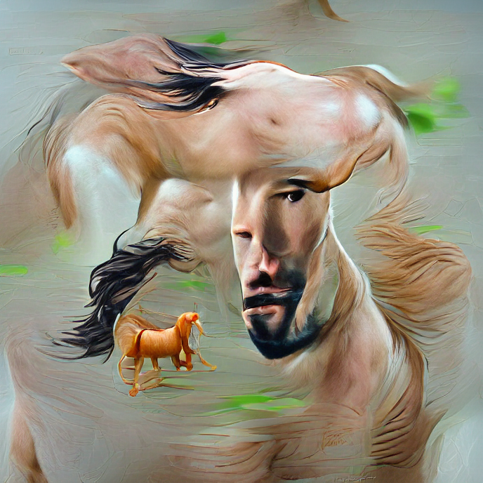 A loose painting-style image with parts of Keanu Reeves’ face, horse body, and hair